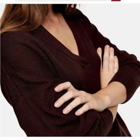 TOPSHOP Slouchy Ribbed V-Neck Sweater Maroon / Burgundy Cozy Oversized Sz XS NWT - Picture 5 of 10